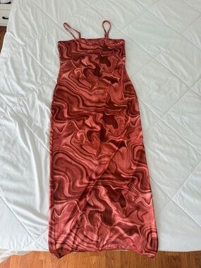 SHEIN Rust Marble-Print Satin Slip Maxi Dress